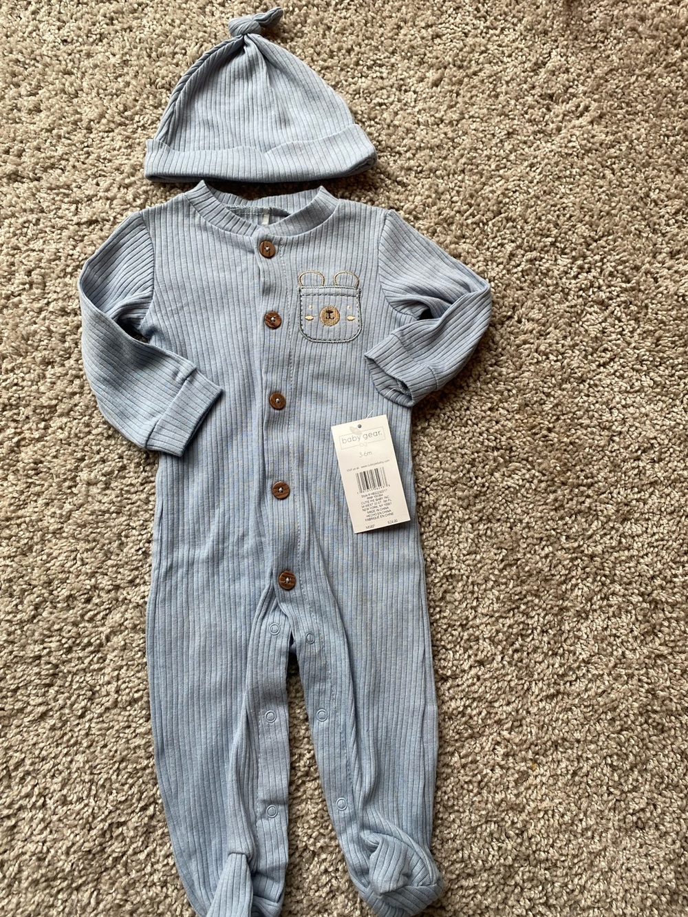 Baby Gear Blue Ribbed Footed One-Piece with Hat